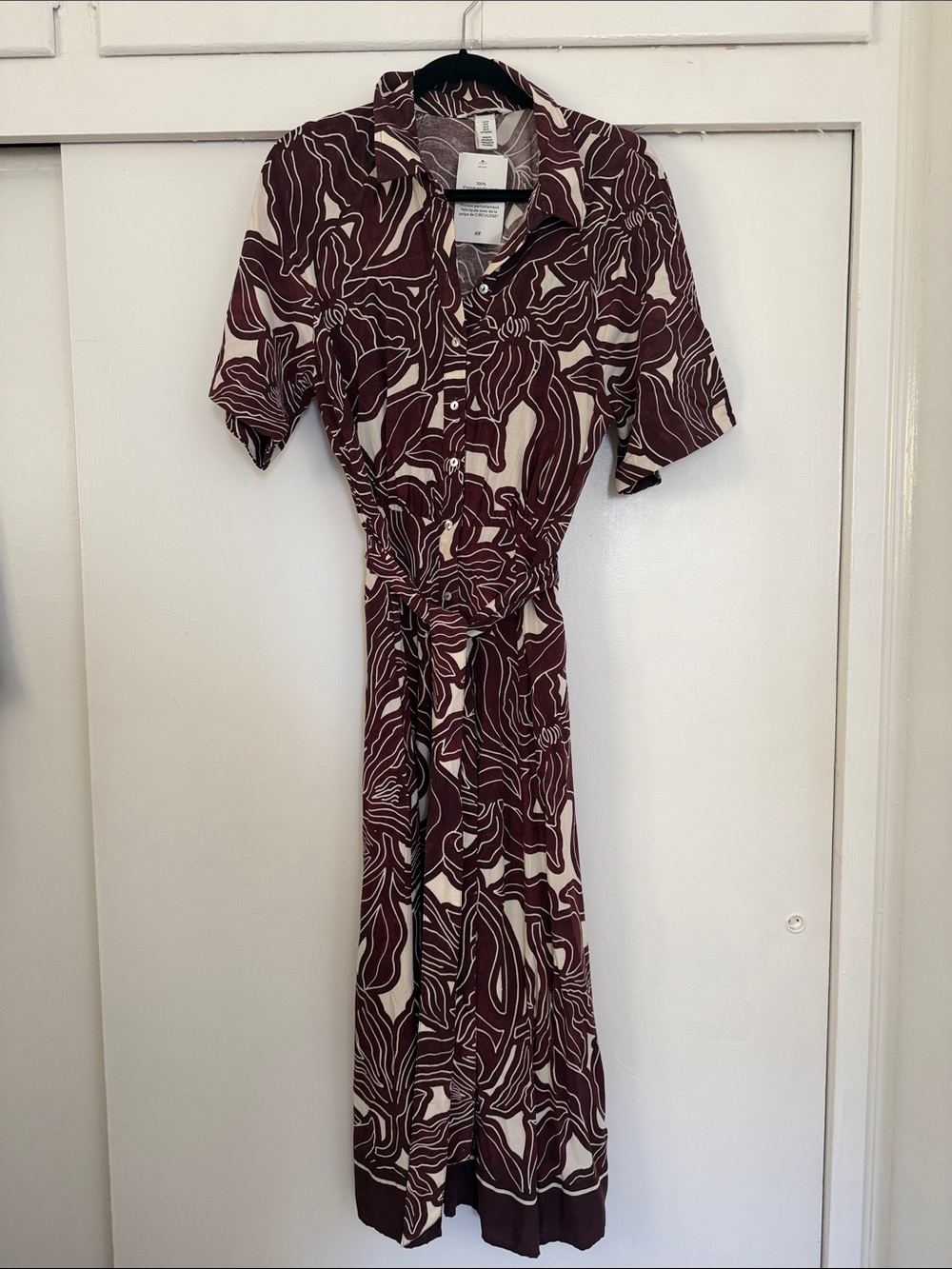 H&M Burgundy & Cream Midi Shirt Dress with Tie Waist Medium NWT